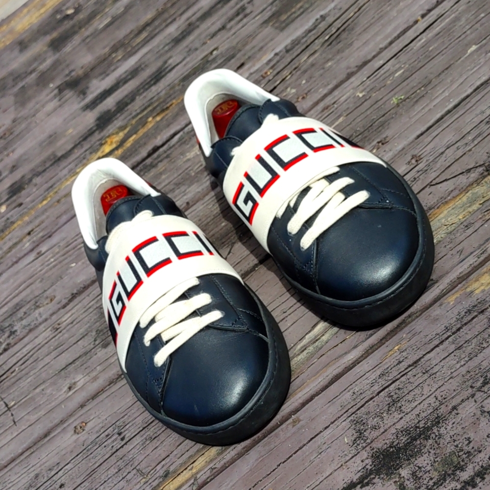 GUCCI MEN'S BLACK ACE ELASTIC BAND LEATHER FLAT LACE UP - Picture 11 of 17